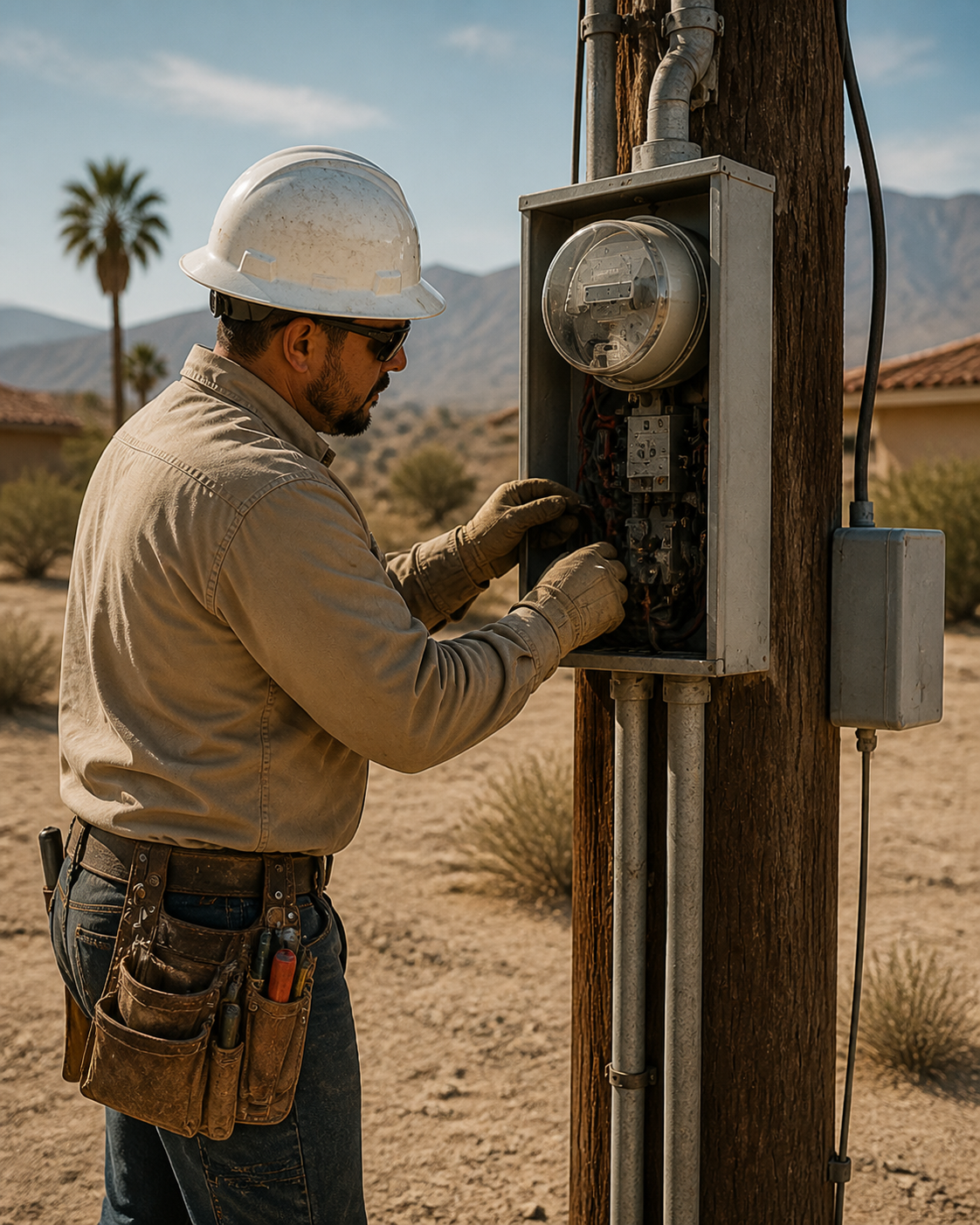 Electrician inspecting a commercial service panel in the desert