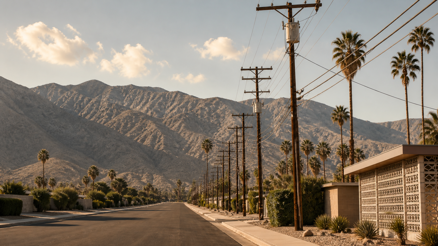 Power transmission towers crossing the low desert beneath the San Jacinto Mountains