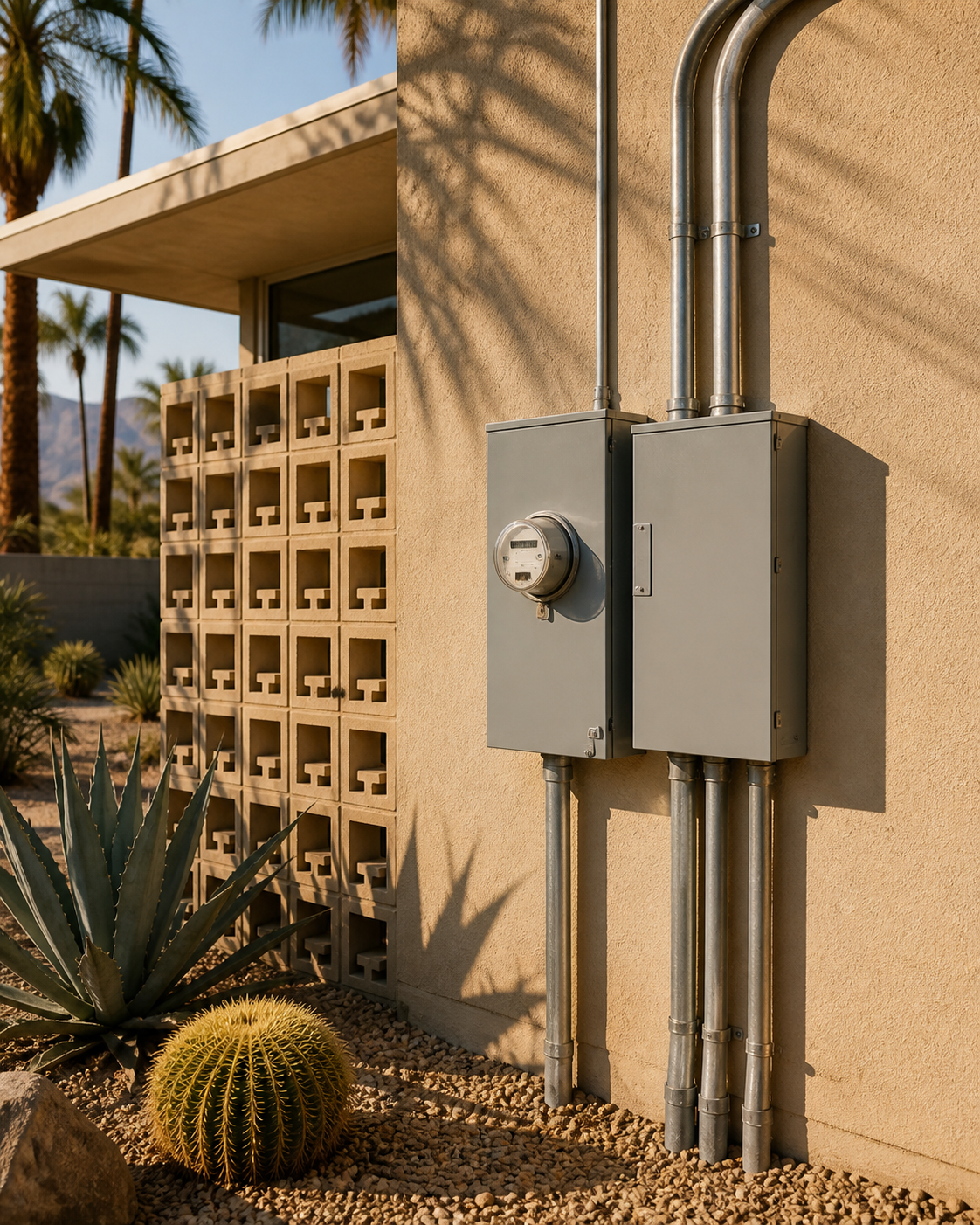 Exterior electrical service on a mid-century desert home