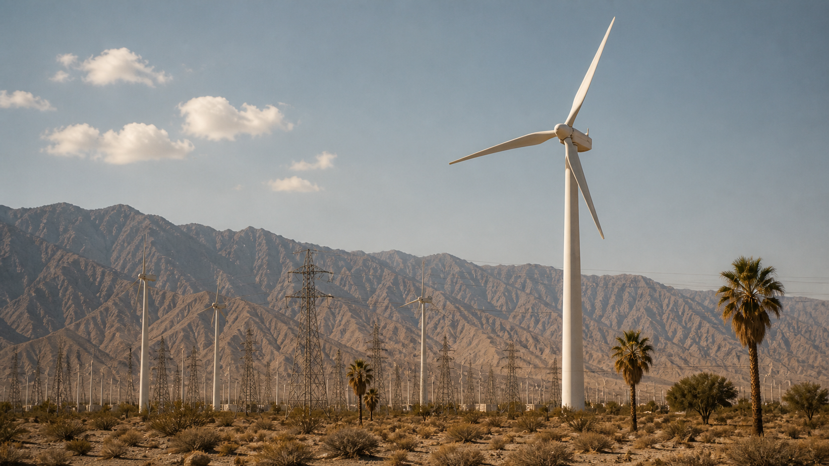 Wind turbines and transmission infrastructure at the mountain pass
